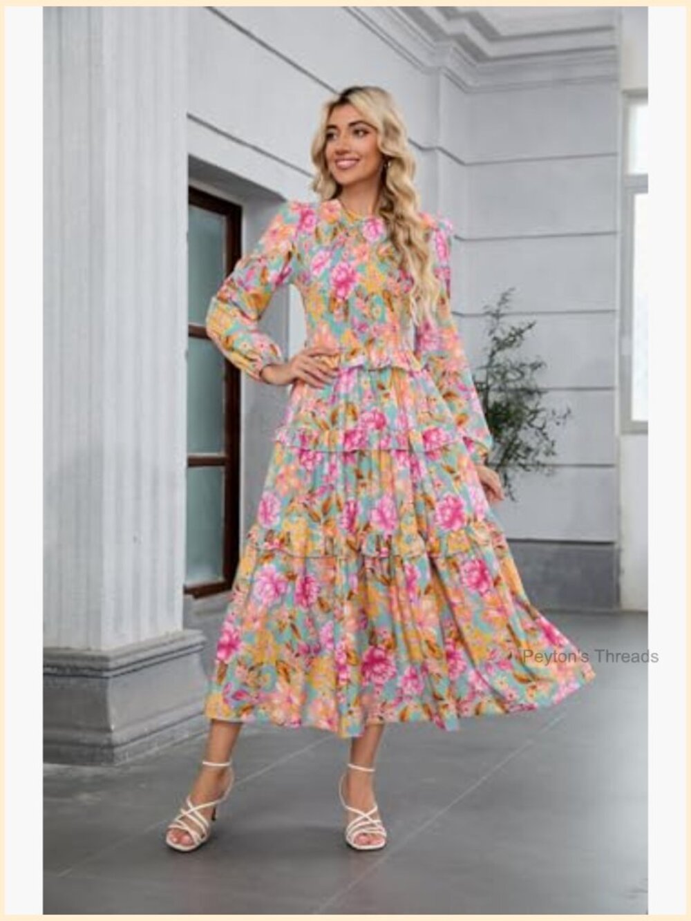 Women's Floral Smocked Maxi Dress Long Puff Sleeve Bohemian Tiered Ruffle - Picture 3 of 7